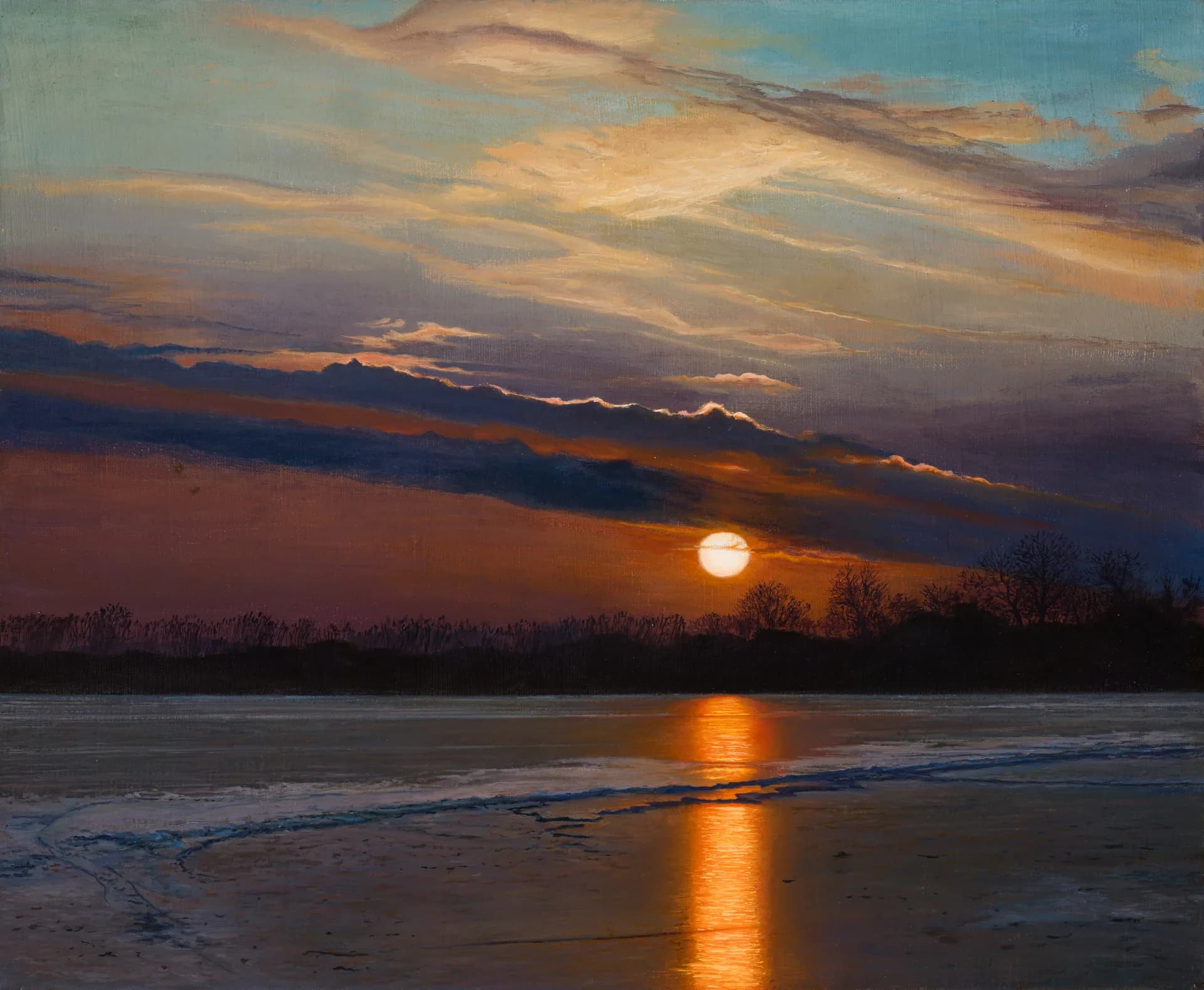 Закат. Лёд на реке